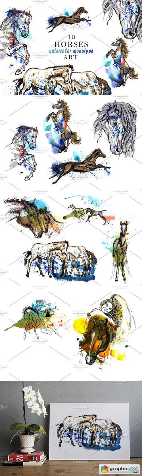 Horse Watercolor Monotype Art