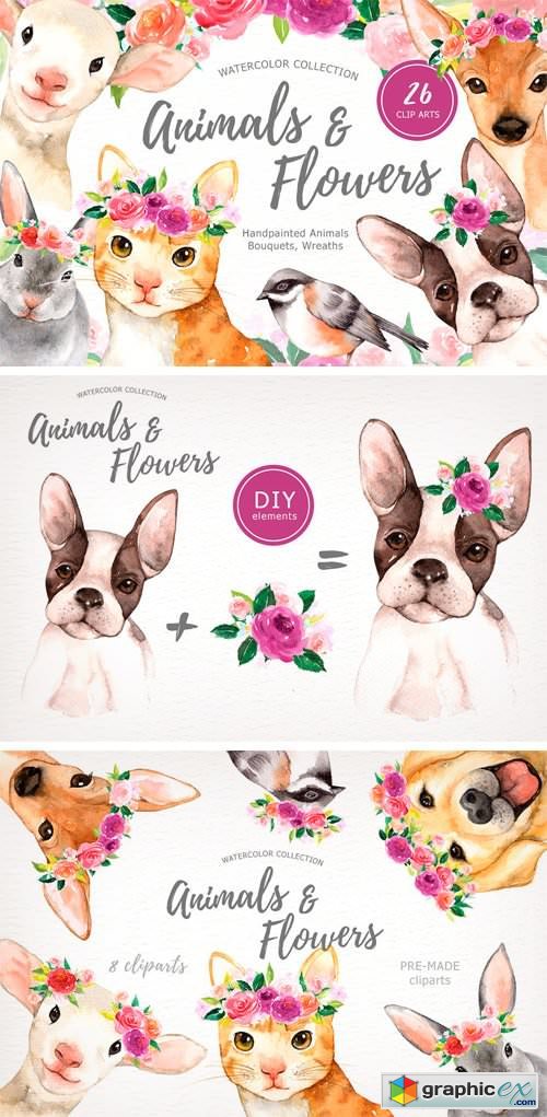 Animals & Flowers Watercolor Clipart
