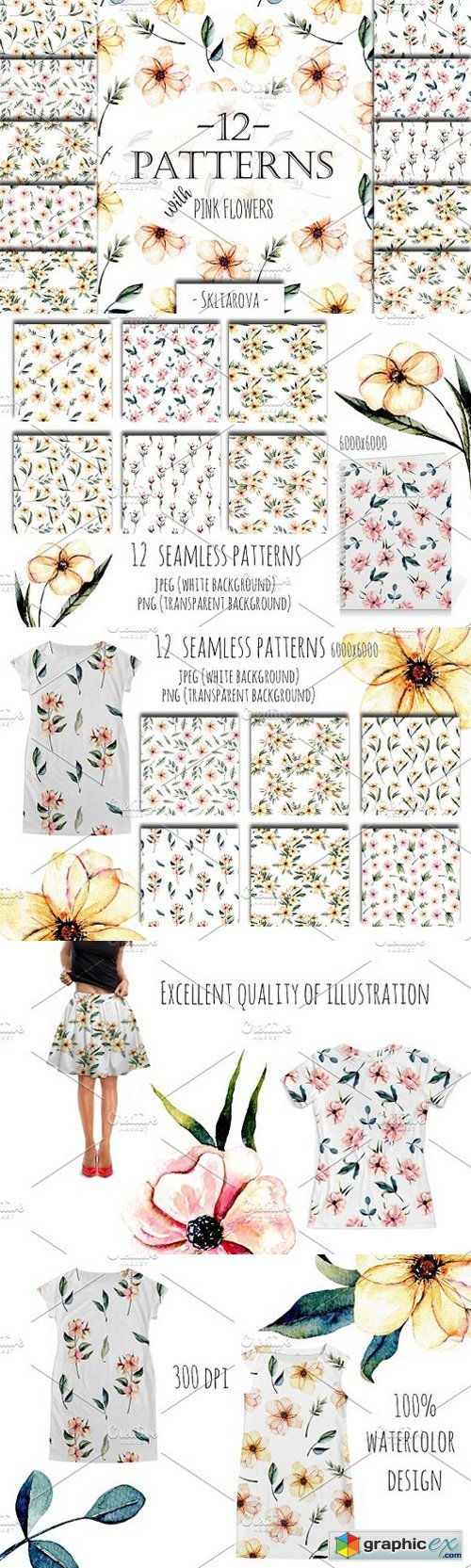 Pink watercolor flowers 12 Patterns