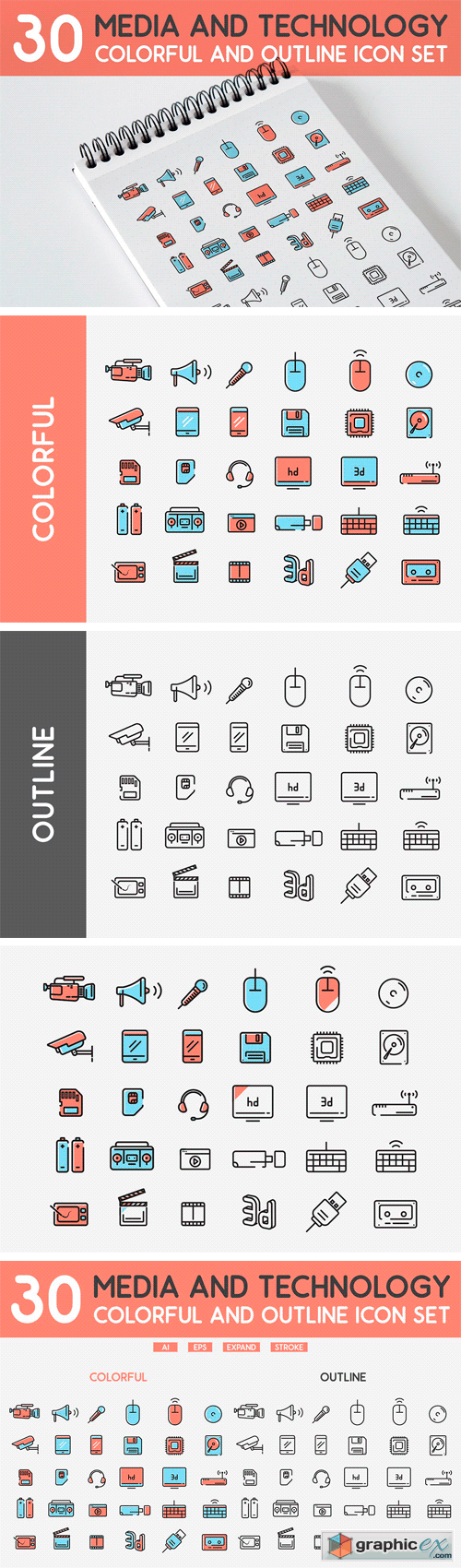 30 Media and Technology Icon Set