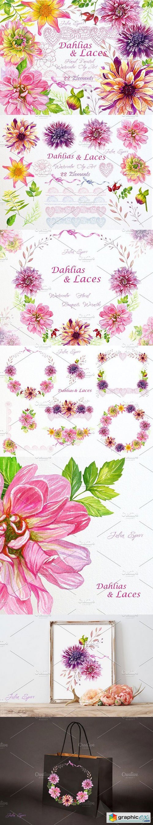 Watercolor Clip Art Dahlias & Laces