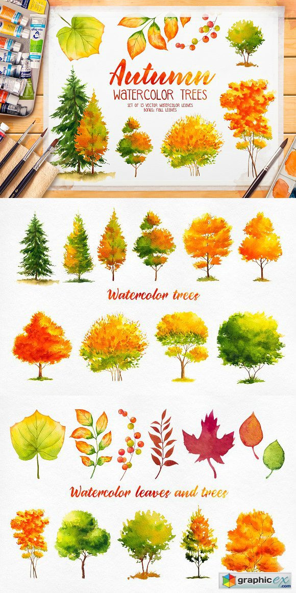 Autumn watercolor trees