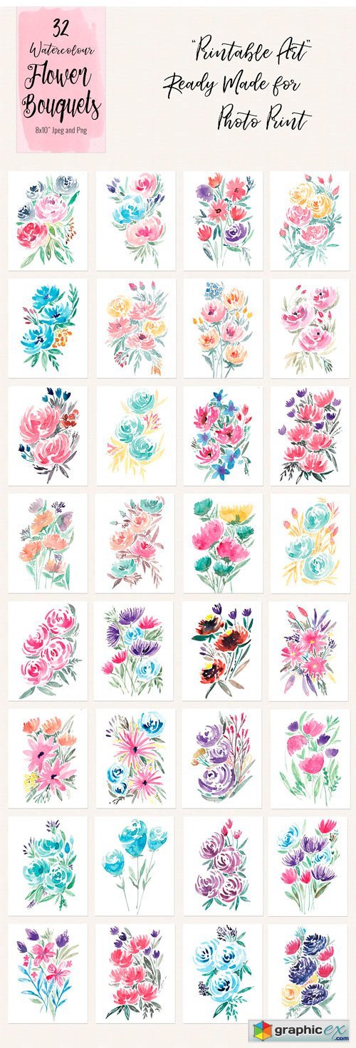32 Watercolour Flower Bouquets