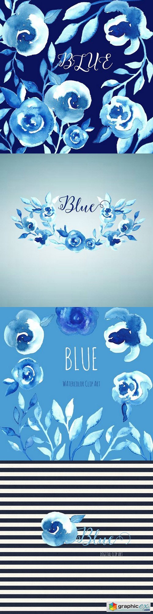 Bleu flowers Watercolor clip art