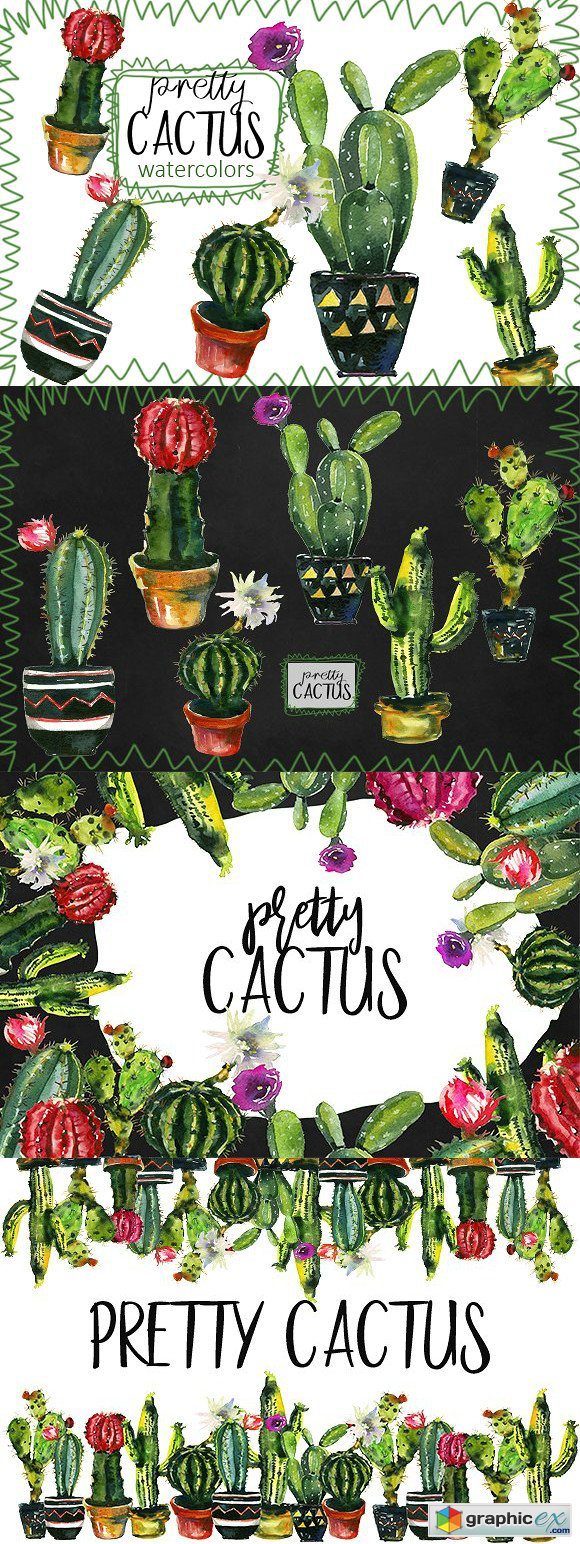 Pretty Cactus Watercolor Clipart Set
