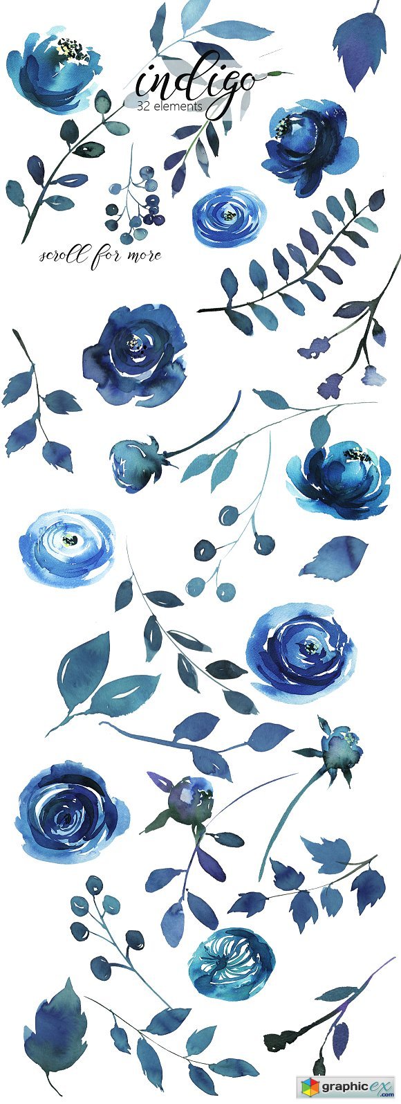 Indigo Blue Watercolor Flowers Set