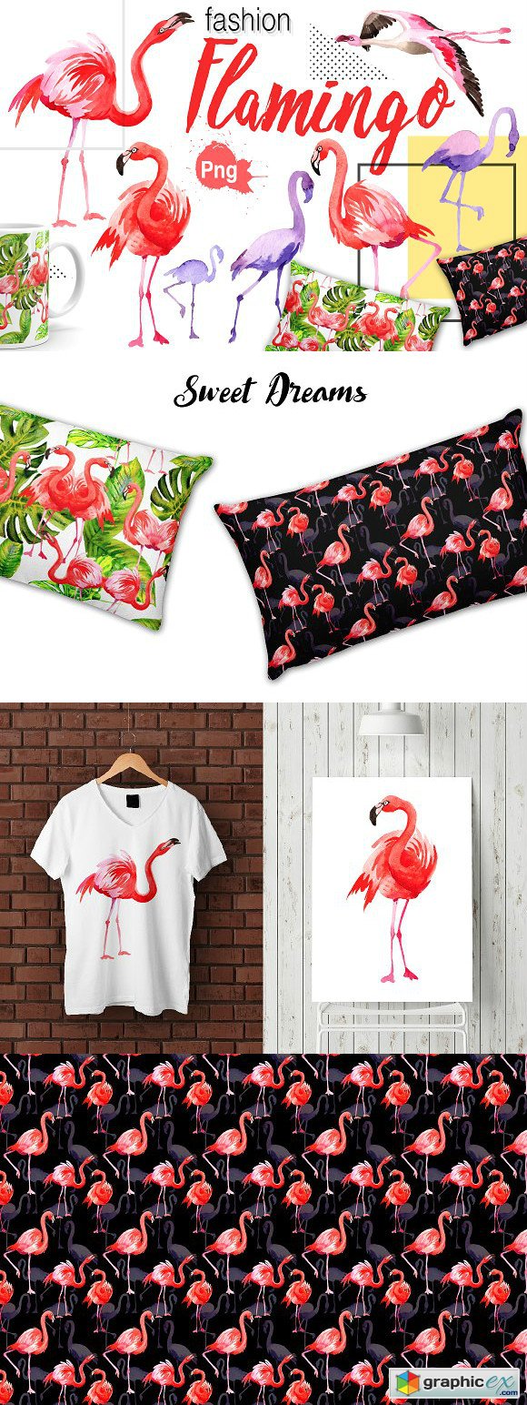 Flamingo fashion watercolor PNG set