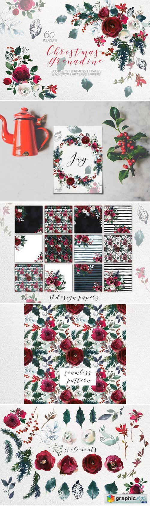 Christmas Watercolor Flowers Clipart
