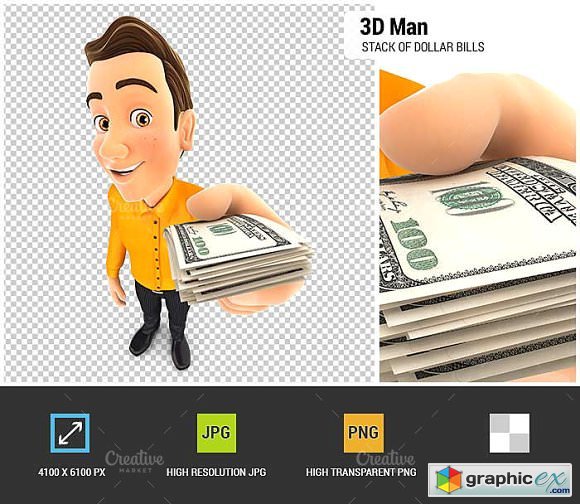 3D Man Holding Dollar Bills