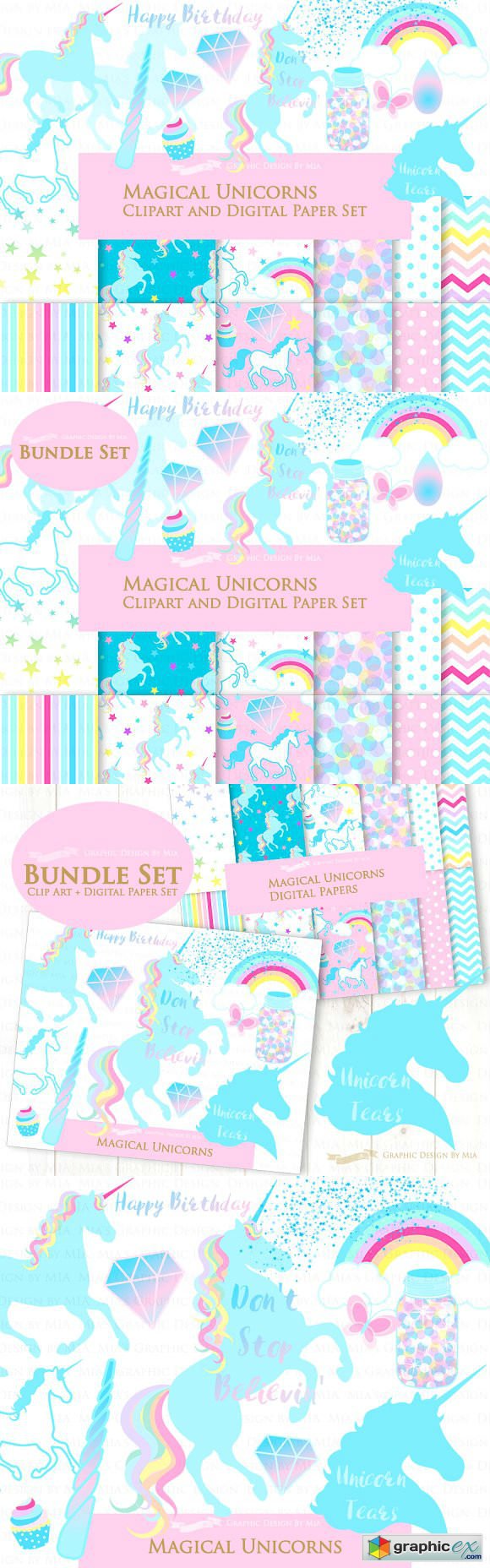 Magical Unicorns Clipart Pattern set