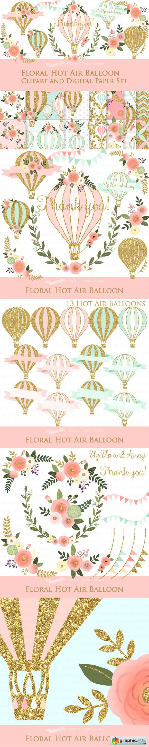 Hot Air Balloon Clipart+Pattern set