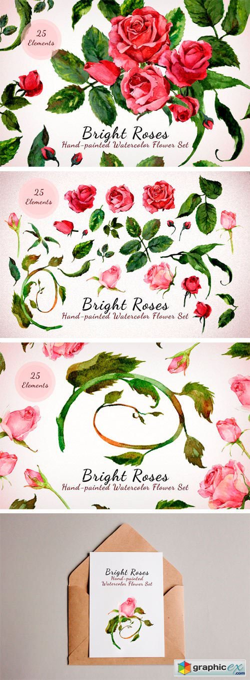 Bright Roses - Watercolor Floral Set