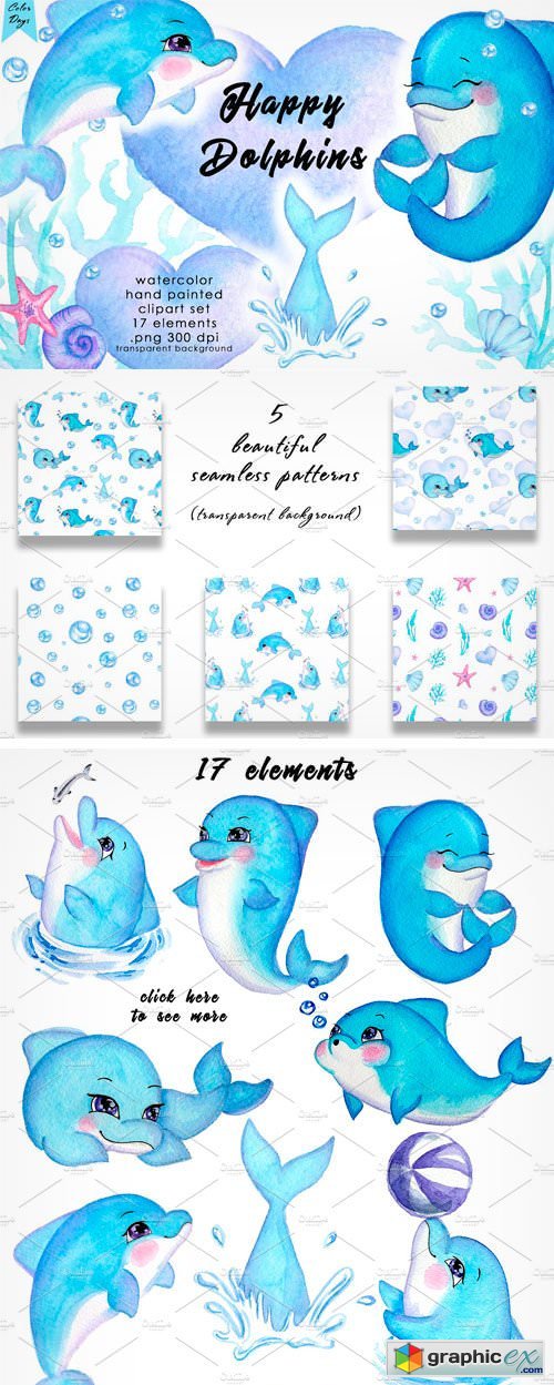 Watercolor Clipart - Happy Dolphins