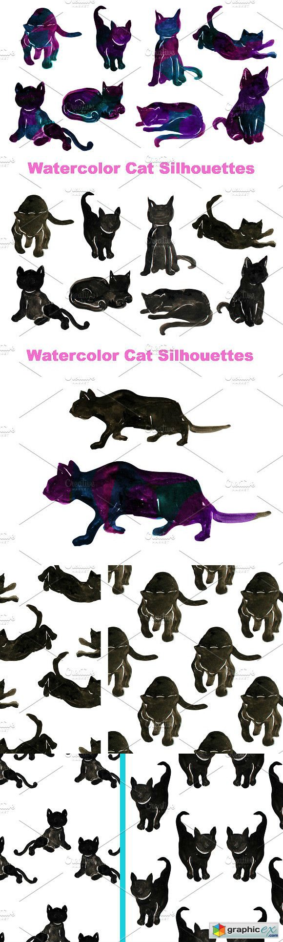 Watercolor Cat Silhouettes Clip Art
