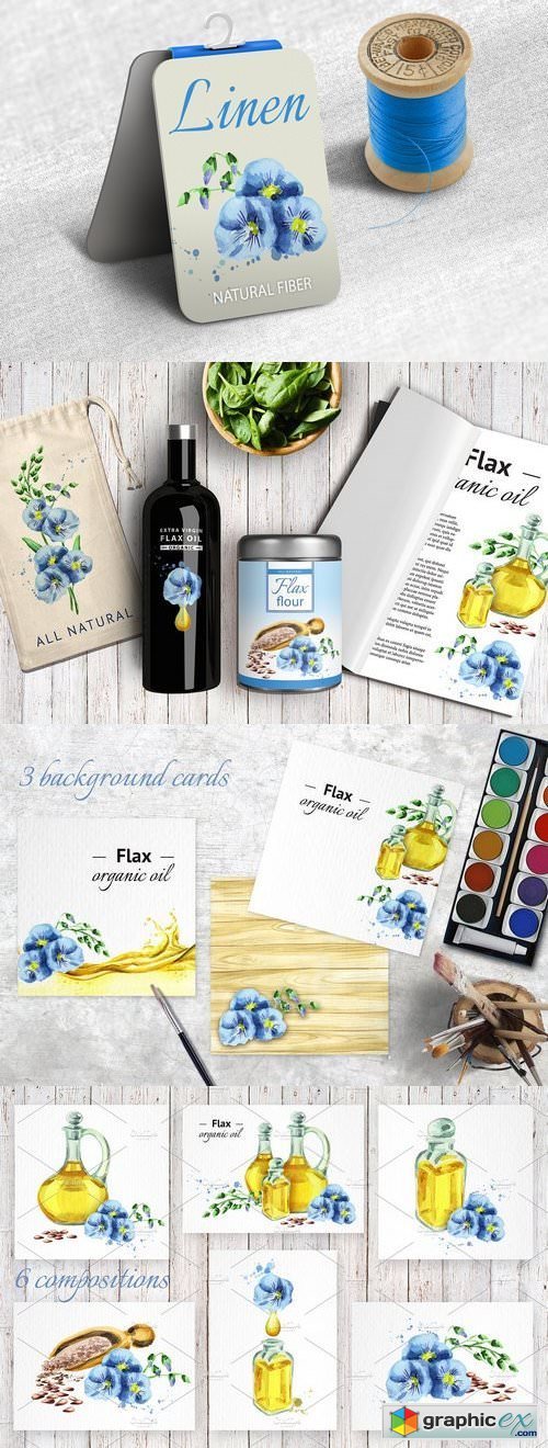 FLAX bundle. Hand painted watercolor