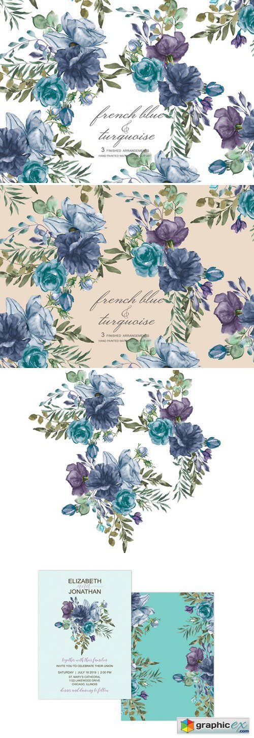 French Blue Watercolor Bouquets