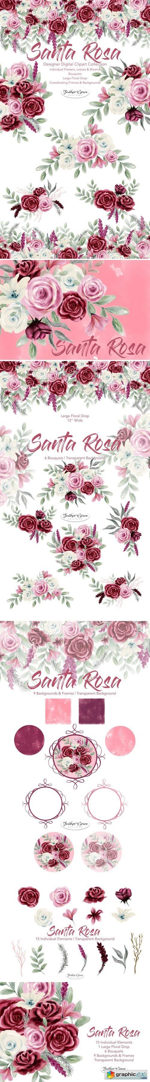Watercolor Flowers Pink Burgundy