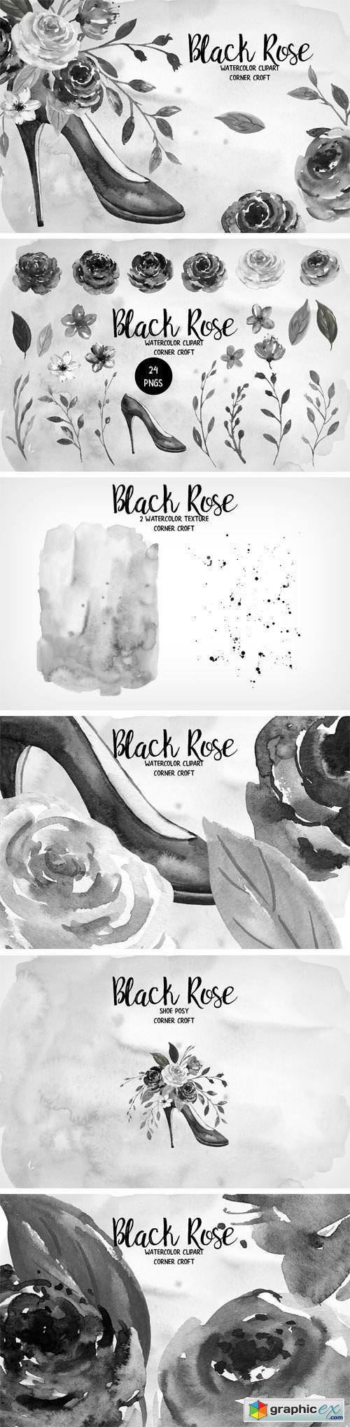Black Rose Watercolor Clip Art