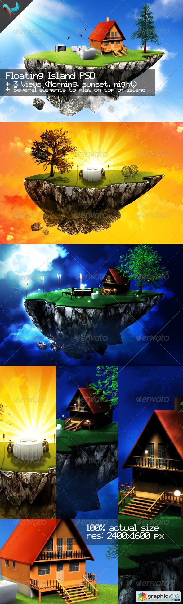 Floating Island Day, Sunset, and Night