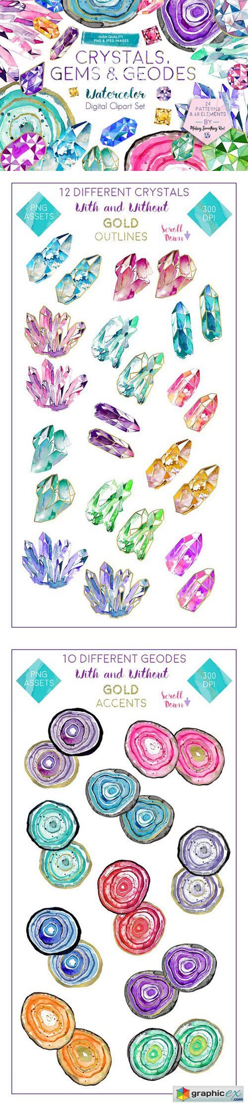 Crystals, Gems & Geodes Clipart Set