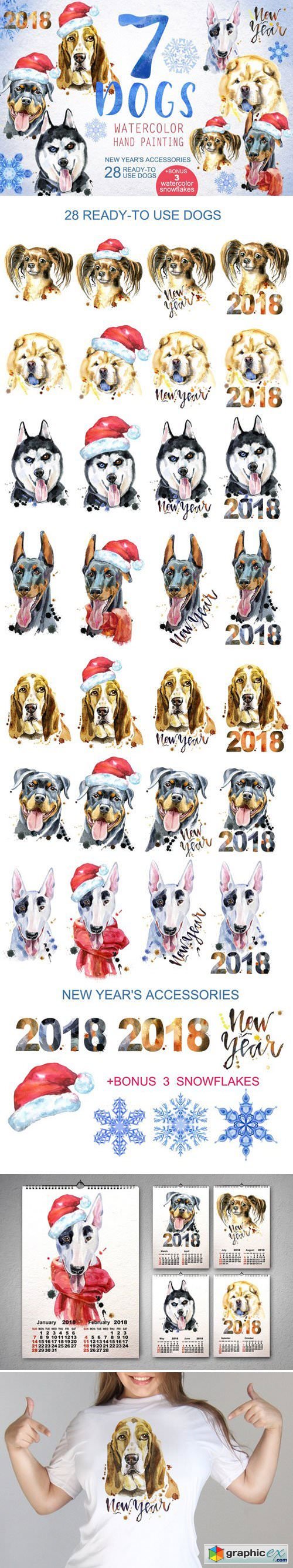 Watercolor dogs. New Year's set