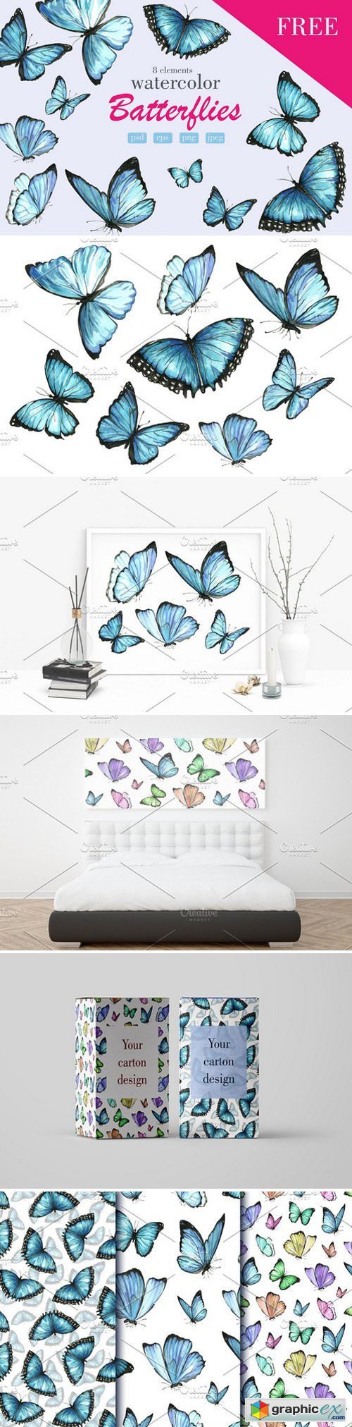 Set of watercolor blue butterflies