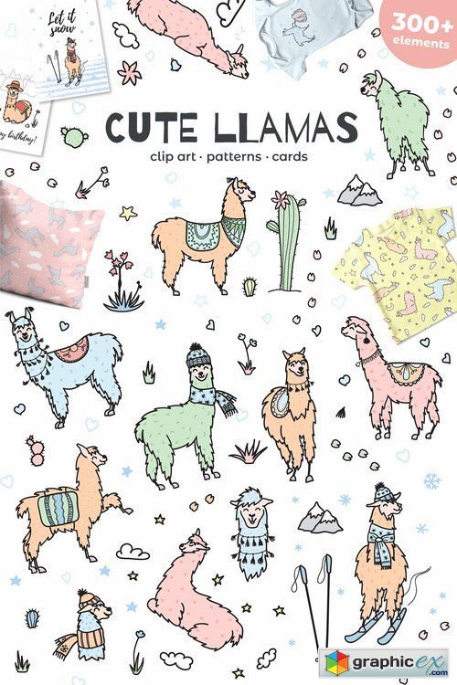 Cute llamas big clipart pattern set