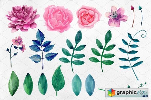Watercolor pink flowers clip art