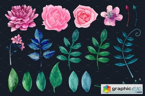 Watercolor pink flowers clip art