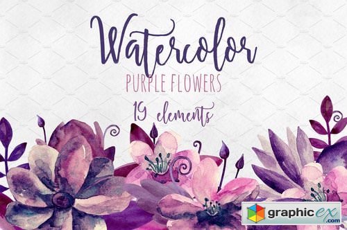 Watercolor purple and pink flowers