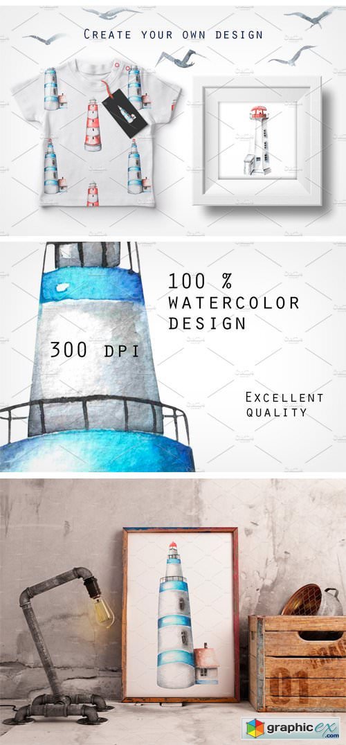 Lighthouses. Watercolor CLip Art.