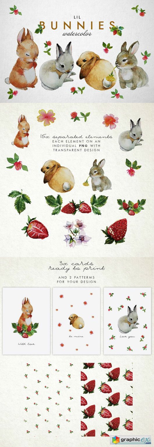 Bunnies + strawberry watercolor