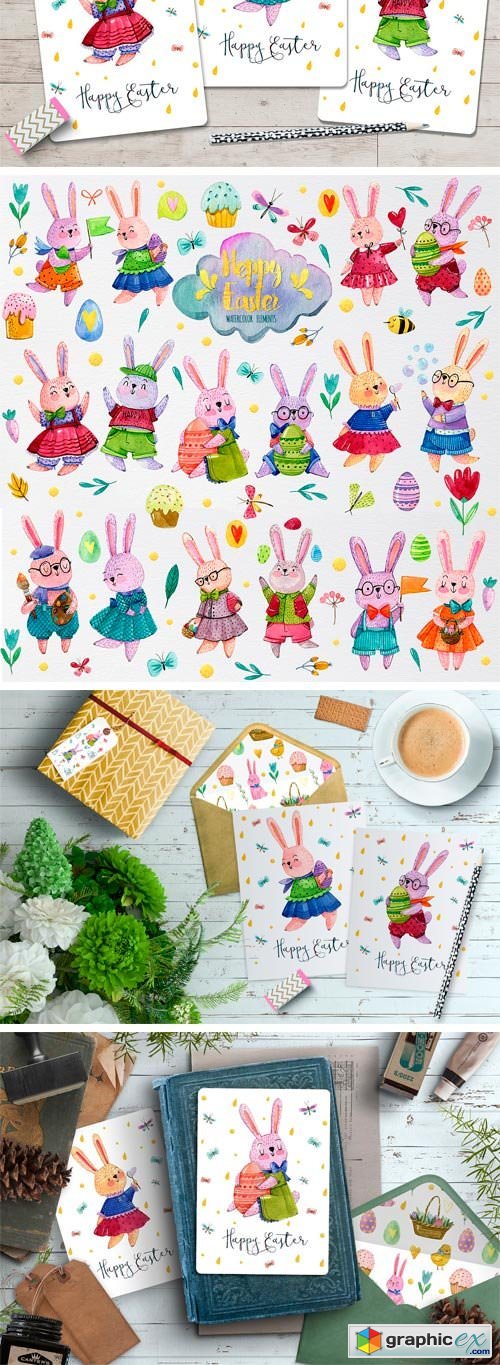 Watercolor Easter Rabbits