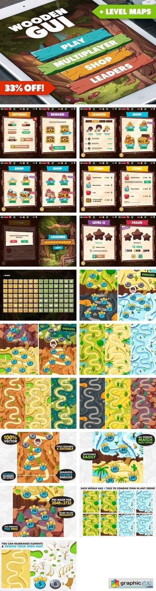 Wooden GUI and Game Level Map BUNDLE