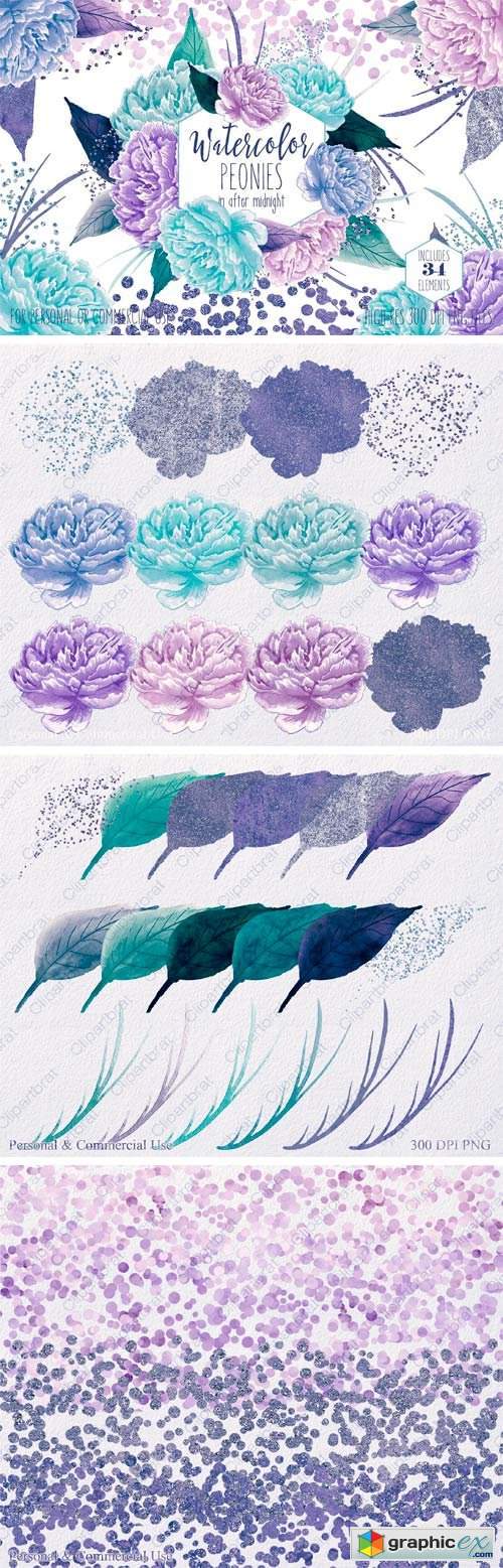 Watercolor Peony Flowers Teal Purple