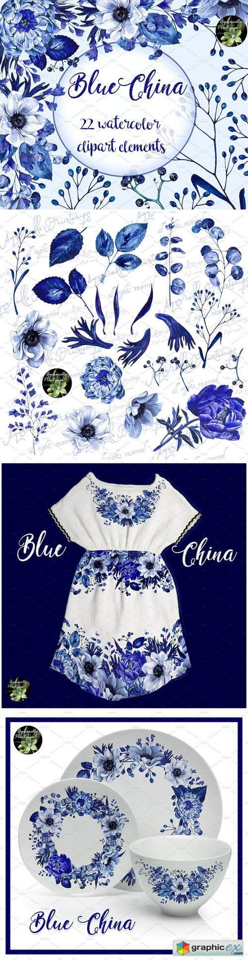 Blue China set 22 watercolor clipart