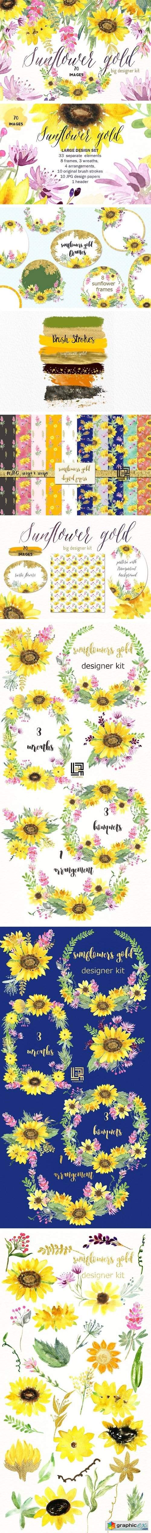 Sunflowers gold Watercolor clipart