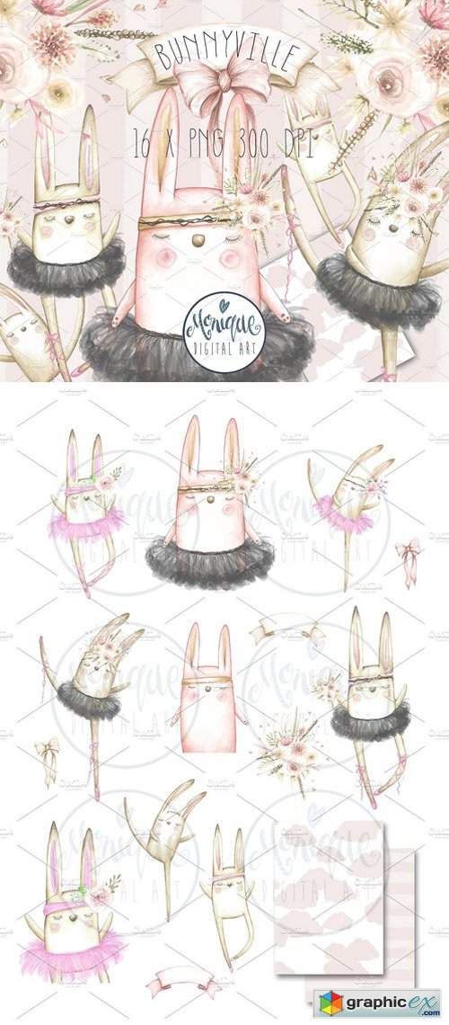 Boho Bunny Clipart, Watercolor