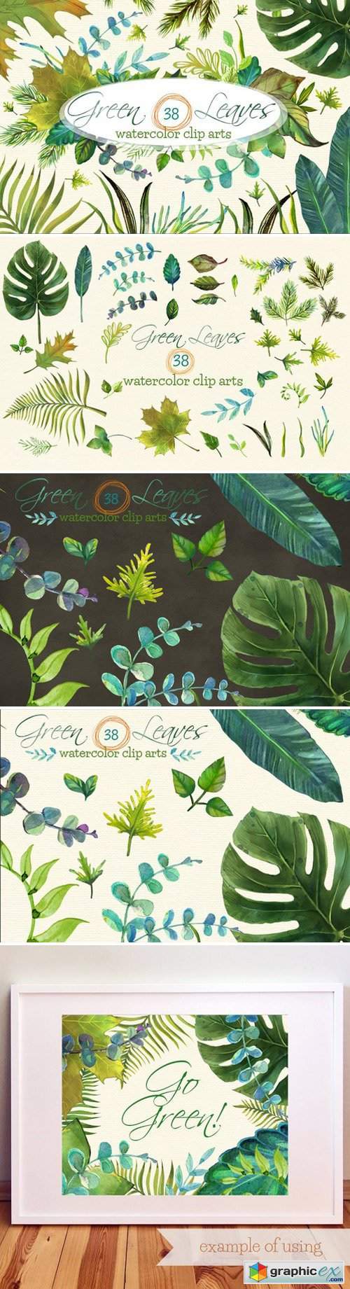 38 Green Leaves Watercolor Clip Arts