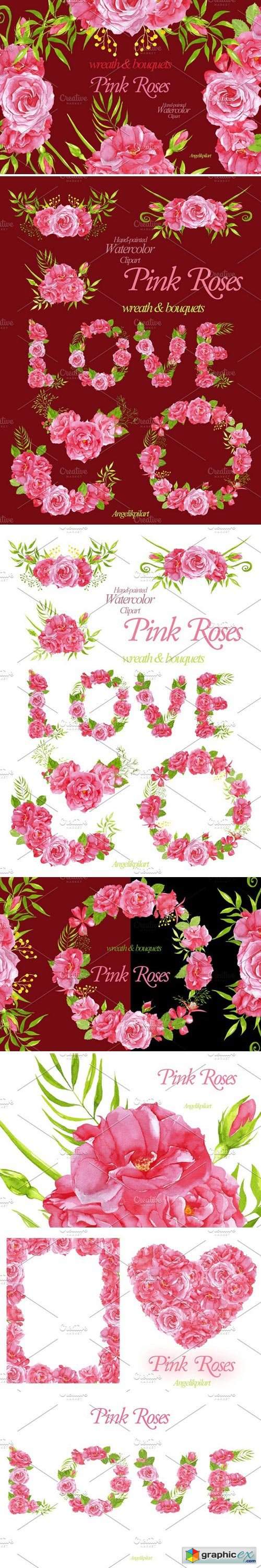 Watercolor PinkRoses wreath&bouquets