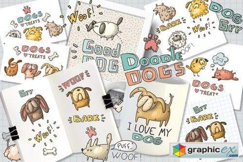 Set of funny dogs and patterns