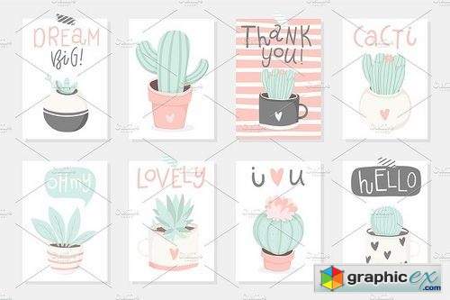 Cute cactus and lettering set
