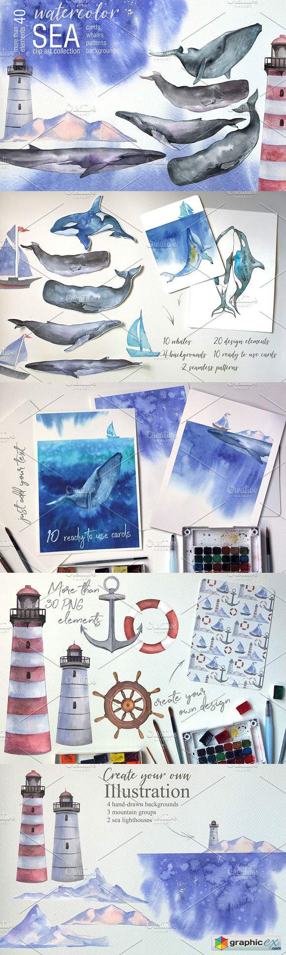 Watercolor Sea Whales clip art