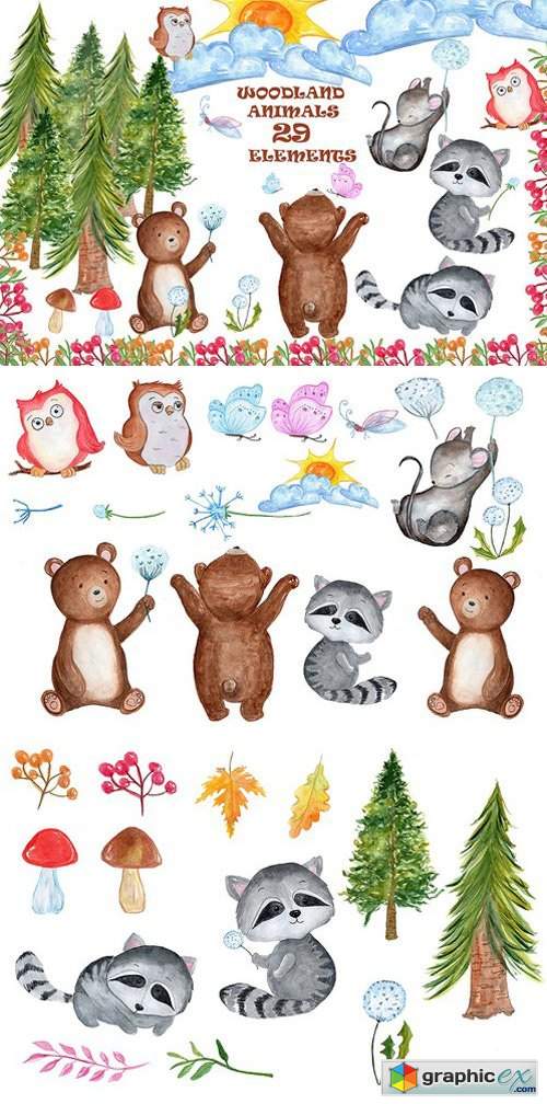 Watercolour forest animals clipart