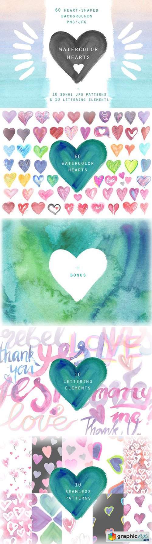 Watercolor hearts. Background set