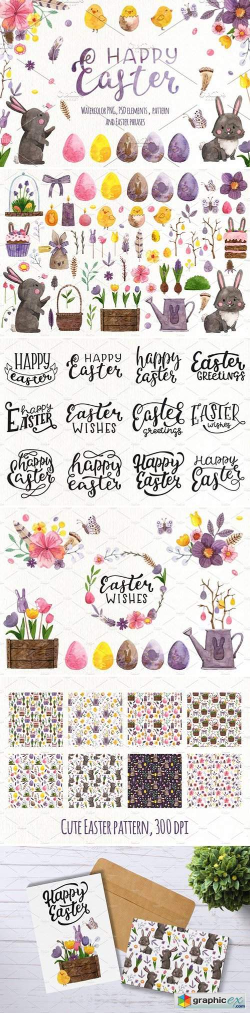 Easter. Watercolor set and lettering