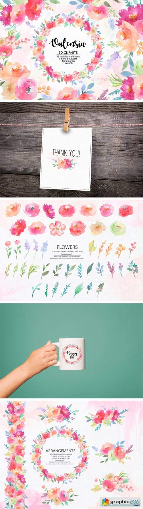 Valensia. Floral Clipart. Watercolor