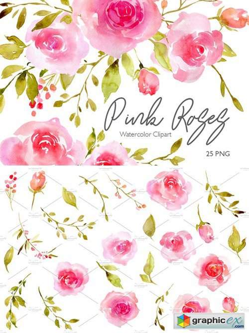 Pink Watercolor Flowers Roses PNG