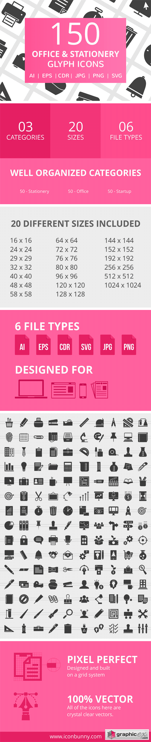 150 Office & Stationery Glyph Icons