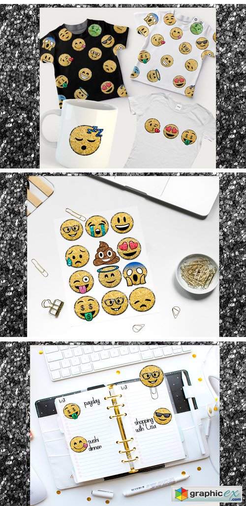 Glitter Emoji Clip Arts PNG Set